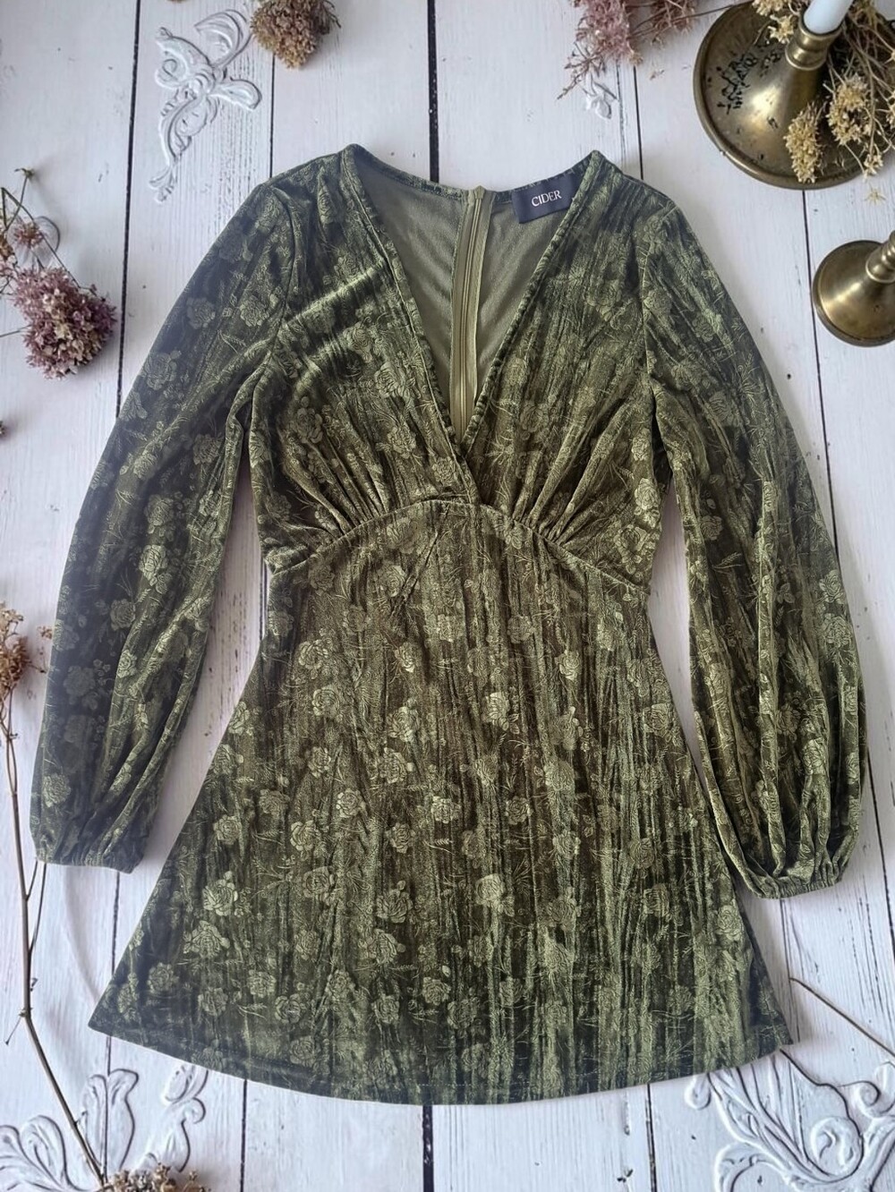 Cider Olive Velvet Floral Rose Long-Sleeve V-Neck Bohemian Whimsigoth Mini Dress - Picture 2 of 15